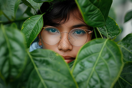 偷窥隐身绿叶背后的女孩背景