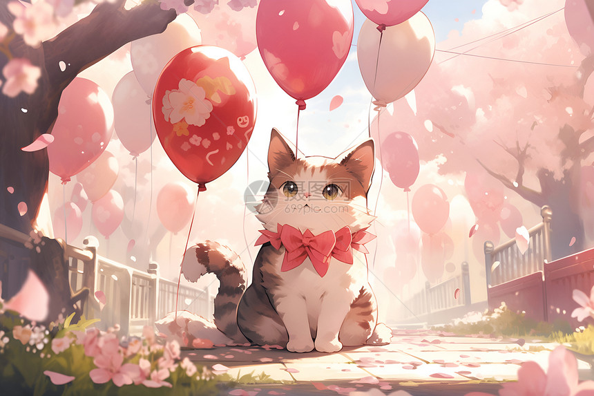 红气球的可爱猫咪图片