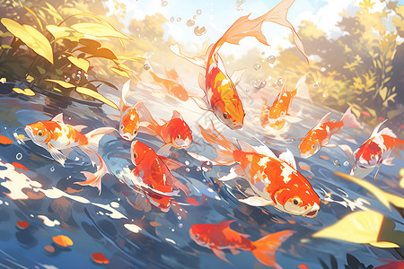 水中锦鲤水中两只游动的金鱼插画