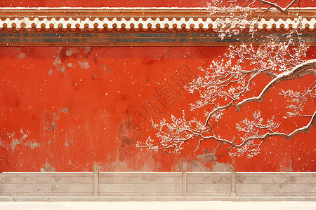 复古的红墙雪景背景图片