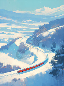 白色雪山风景红色列车穿越白色森林插画