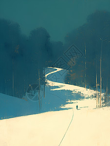 铁路穿越雪覆盖的林地背景图片