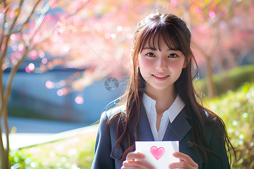 粉色花树下拿着心形明信片的女孩图片