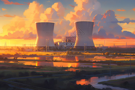 黄昏中的工厂绘画背景图片