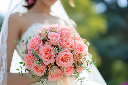 粉色女性新娘手握粉色玫瑰背景