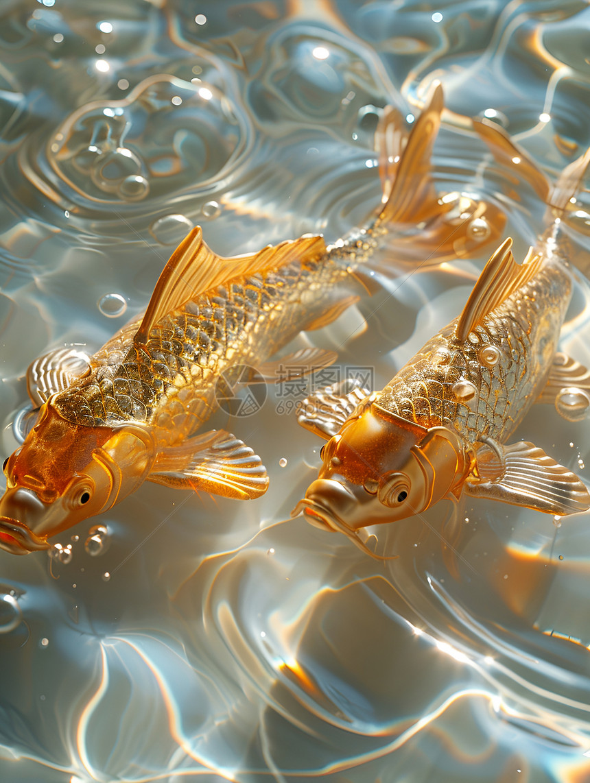 金色池塘上漂浮的两条金鲤鱼图片