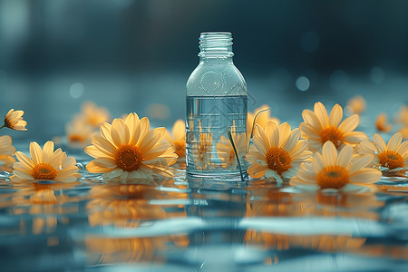 白洋甘菊水瓶和漂浮的洋甘菊花背景