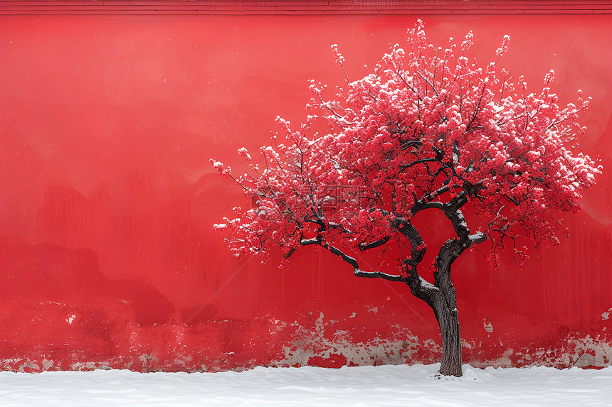 红色墙壁旁的树图片