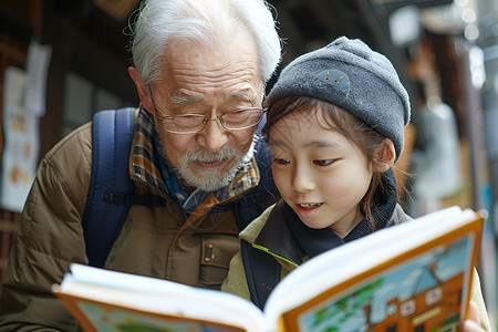 老人和小女孩一起读书高清图片