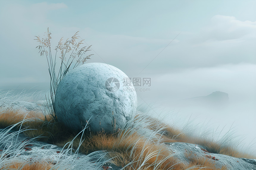 晨雾中的山野奇石图片