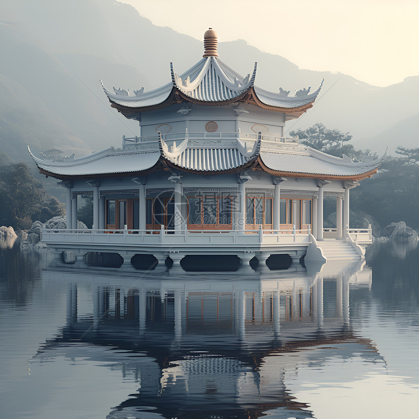 宁静水上的中国亭子图片