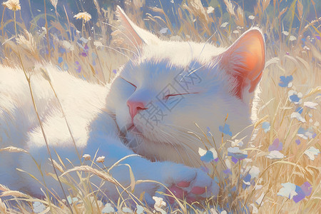 花海中睡觉的猫咪背景图片