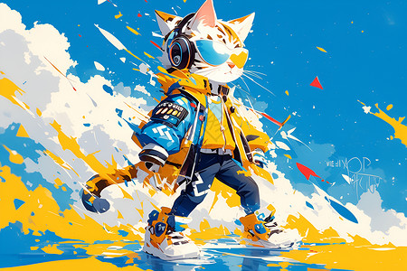 嘻哈服饰水中的蓝黄灵猫插画