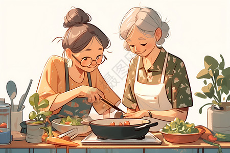 厨房乐趣厨房里一起烹饪的妇女插画