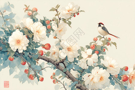 水彩鲜花中式花鸟图插画