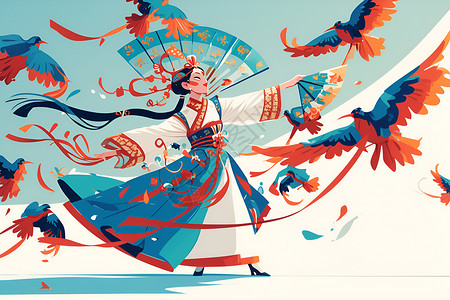 舞蹈舞者传统扇子下的中国戏曲舞者插画