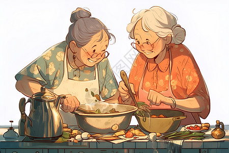 炉灶女士一同烹饪的温馨时刻插画