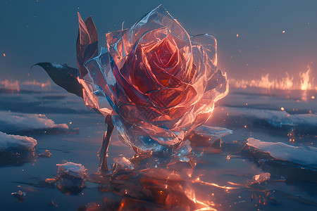 红玫瑰花朵冰雪中绽放的燃烧之花插画