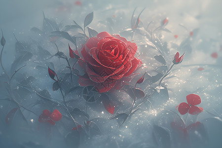 红玫瑰花朵冰雪中的玫瑰插画
