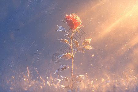 红玫瑰手捧花冰雪中阳光照耀的红玫瑰插画