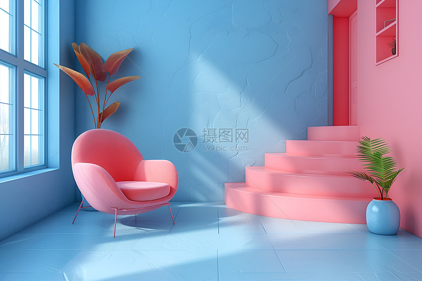 房屋中的粉色台阶图片