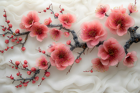 丝绸上的梅花刺绣背景图片