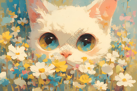 花丛中的大眼猫背景图片