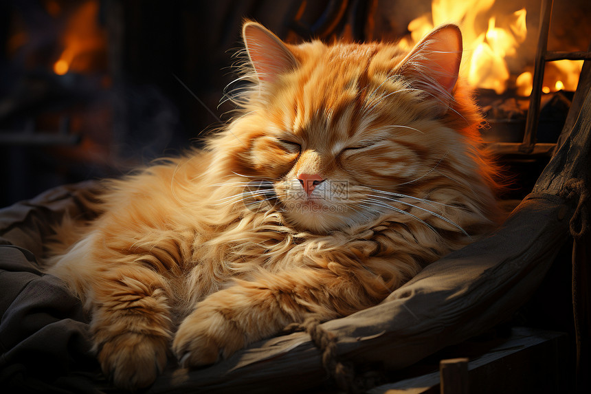 猫咪在壁炉前睡觉图片
