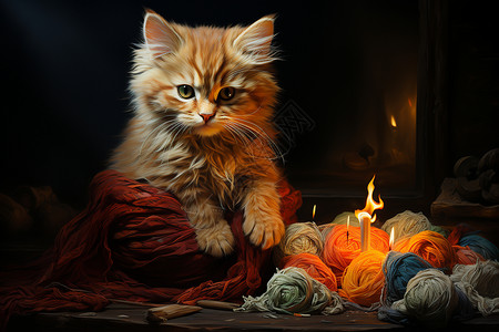 毛线球和猫咪背景图片