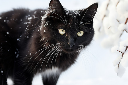 冬日雪地里的黑猫背景图片