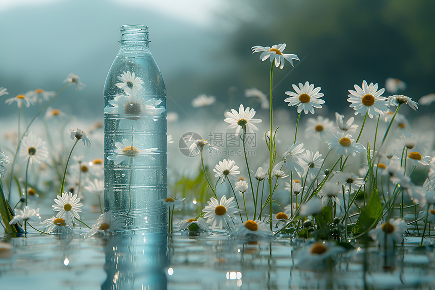 水上的雏菊和水瓶图片