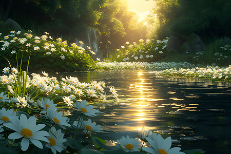 池塘旁边的小雏菊背景图片