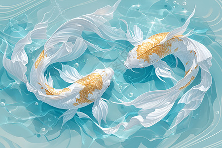 游动的金鱼两只白色的优雅金鱼插画