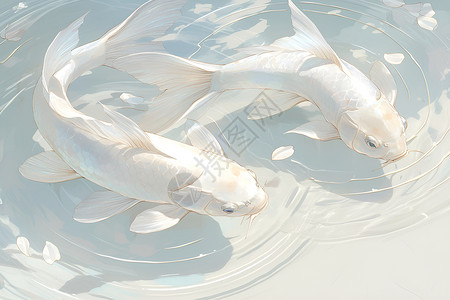池塘白色水波里的白色锦鲤插画