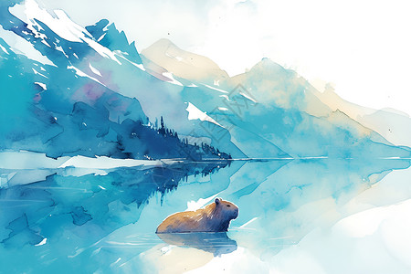 湖水和山峦水墨山水中的水豚插画