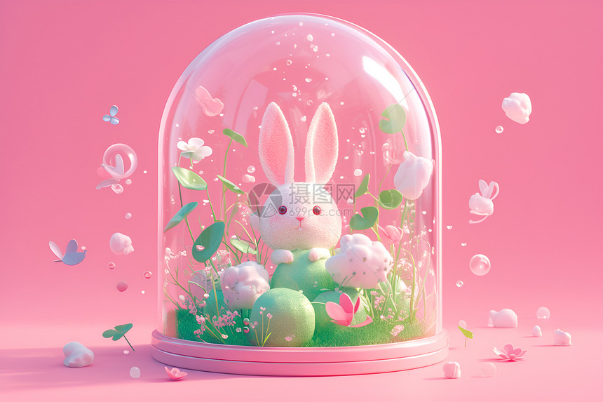 玻璃罩中的可爱兔子图片