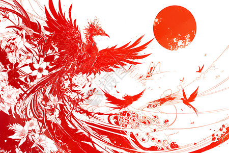 红凤凰翱翔的红鸟插画