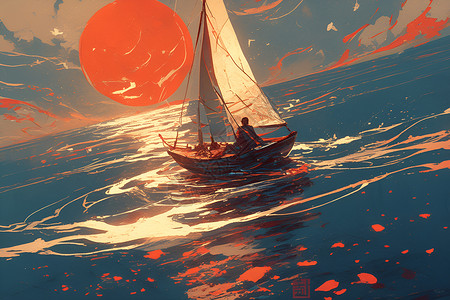 海面夕阳海面上行驶的小帆船插画