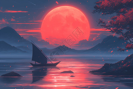 行驶的船只夕阳下水面上的船只插画