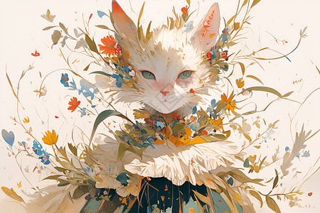优雅水彩花朵迷人的猫咪绘画插画