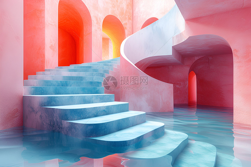 梦幻水池中的楼梯图片