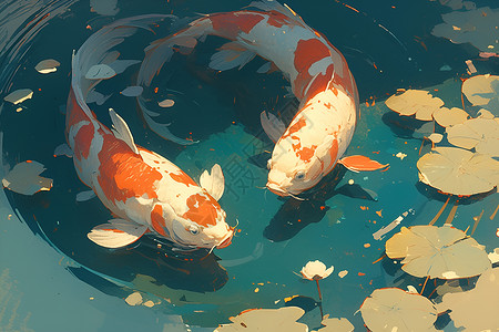 两条锦鲤在池塘中游弋背景图片
