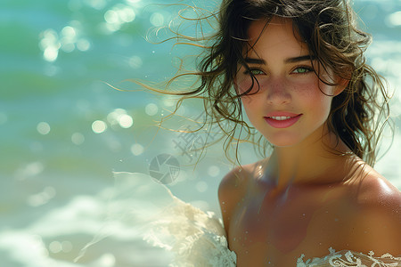 海边优雅的长发女孩背景图片