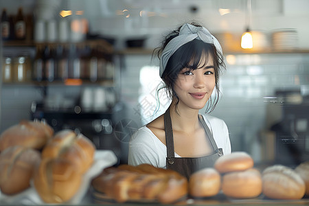 面包柜台的女士背景图片