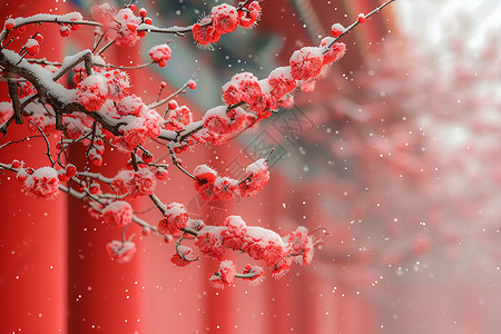 红墙雪梅红色雪花背景高清图片