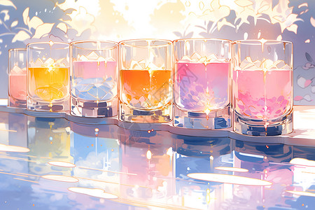 阳光下的五彩水杯背景图片