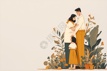 盆栽前的一家人背景图片