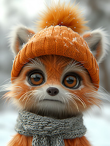 模物小狐狸戴帽子和围巾插画