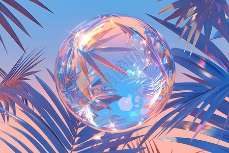 水晶球在棕榈树枝上高清图片