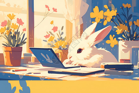 白兔子使用电脑工作背景有盆栽和黄色花朵的窗户背景图片